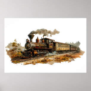 Vintage steam train landscape illustration  poster