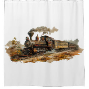 Vintage steam train landscape illustration shower curtain