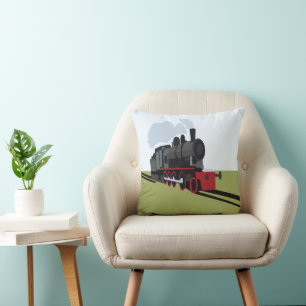 Vintage Steam Train on Railroad Track Art Cushion