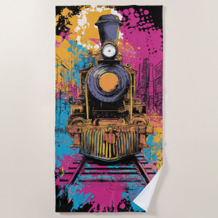 Vintage Steam Train Pop Art Splash Beach Towel