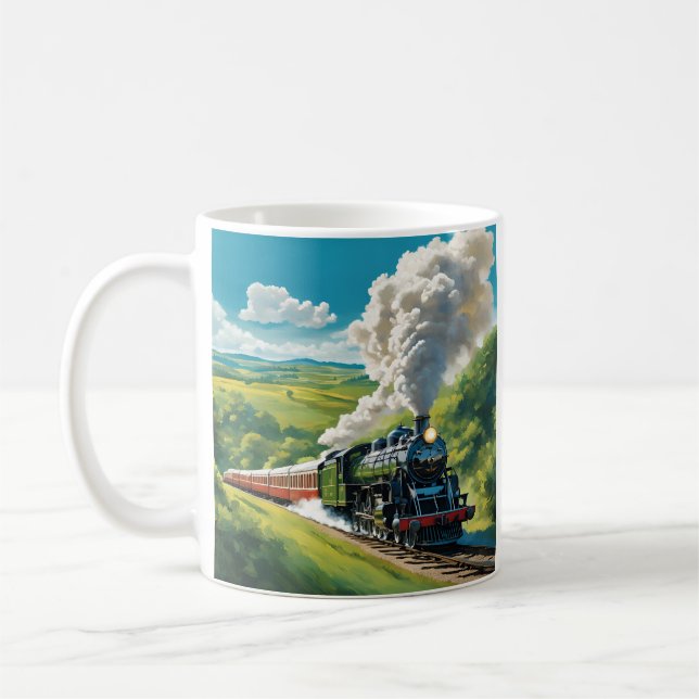 Vintage Steam Train Scenic Illustration Mug (Left)