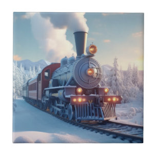Vintage Steam Train Winter Landscape Snow Mountain Ceramic Tile