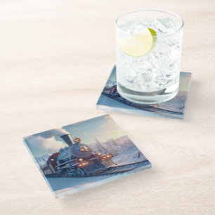 Vintage Steam Train Winter Landscape Snow Mountain Glass Coaster