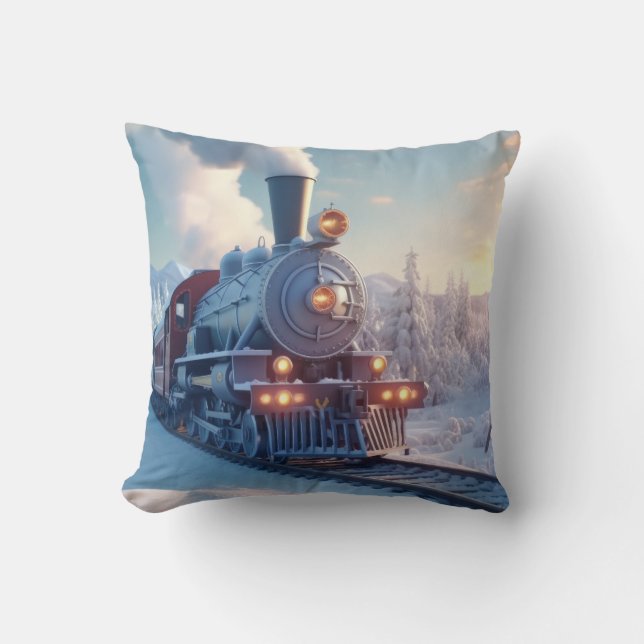 Vintage Steam Train Winter Snowy Mountains Cushion (Front)