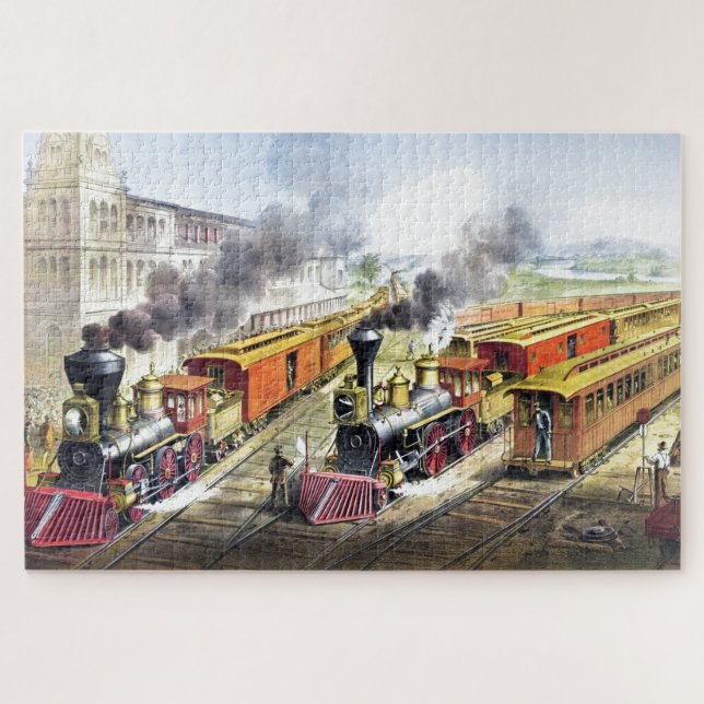 Vintage Steam Trains Travel Illustration Art Jigsaw Puzzle (Horizontal)