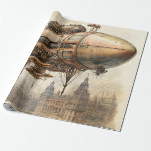 Vintage Steampunk Airship Copper Blueprint Wrapping Paper