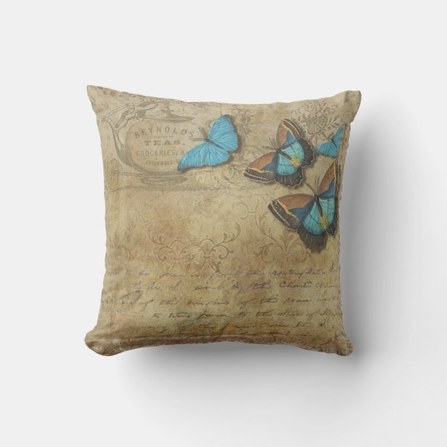 Vintage Steampunk Blue Butterflies on Parchment Cushion (Front)