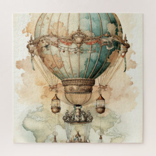 Vintage Steampunk Blue Hot Air Balloon (2) Jigsaw Puzzle