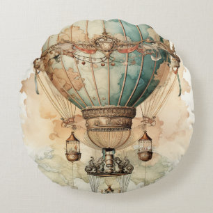 Vintage Steampunk Blue Hot Air Balloon (2) Round Cushion