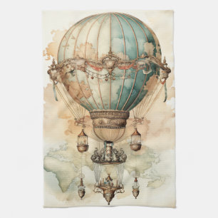 Vintage Steampunk Blue Hot Air Balloon (2) Tea Towel