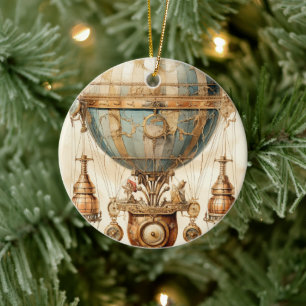Vintage Steampunk Blue Hot Air Balloon (3) Ceramic Ornament