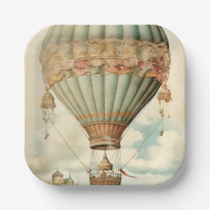 Vintage Steampunk Blue Hot Air Balloon Paper Plate