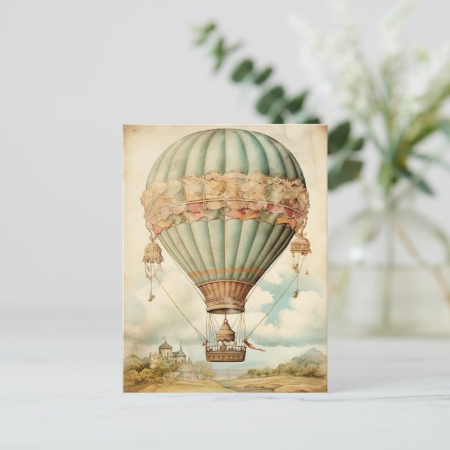 Vintage Steampunk Blue Hot Air Balloon Postcard (Standing Front)