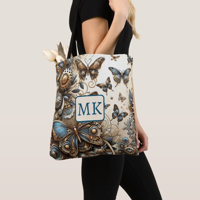 Vintage Steampunk Butterflies Monogrammed Tote Bag (Close Up)