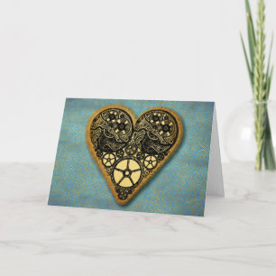 Vintage Steampunk Clock Works & Gears Gold Heart Holiday Card
