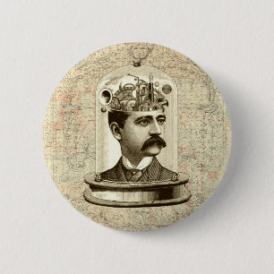 Vintage steampunk clockwork brain, moustache  man 6 cm round badge