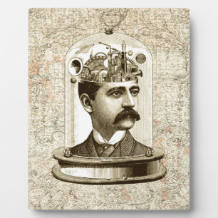 Vintage steampunk clockwork brain, moustache man plaque