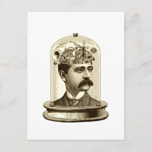 Vintage steampunk clockwork brain, moustache man postcard