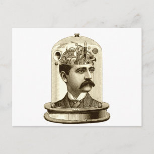 Vintage steampunk clockwork brain, moustache man postcard
