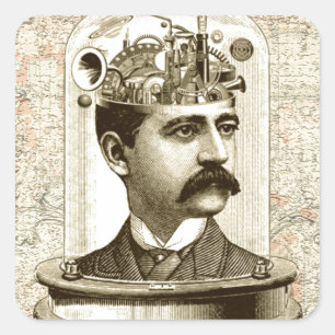 Vintage steampunk clockwork brain, moustache  man square sticker
