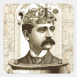 Vintage steampunk clockwork brain, moustache  man square sticker