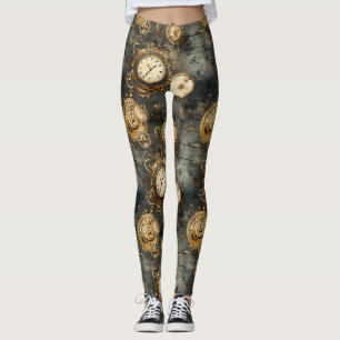 Vintage Steampunk Clockwork Gears Bronze Black Leggings