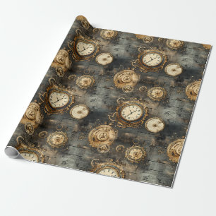 Vintage Steampunk Clockwork Gears Bronze Black Wrapping Paper