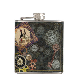 Vintage steampunk clockwork mechanical pattern art hip flask