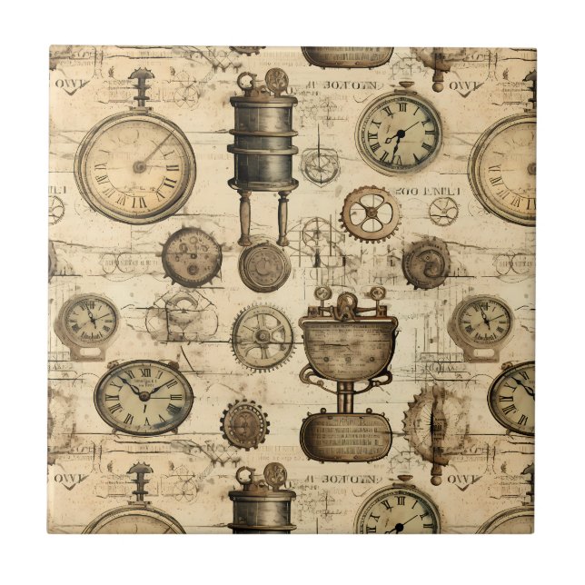 Vintage Steampunk Clockwork Parchment Brown Ceramic Tile (Front)