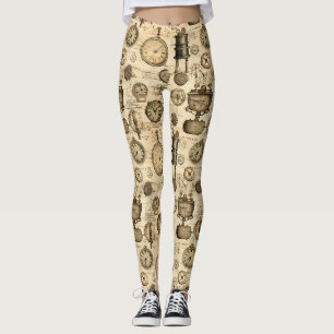 Vintage Steampunk Clockwork Parchment Brown Leggings