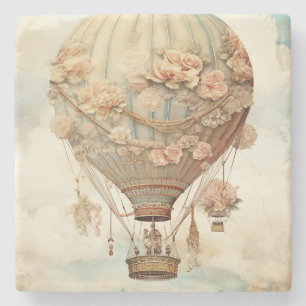 Vintage Steampunk Floral Blue Hot Air Balloon (2) Stone Coaster