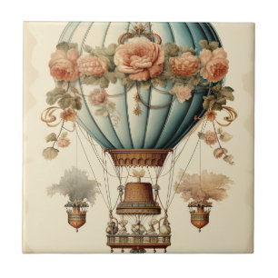 Vintage Steampunk Floral Blue Hot Air Balloon  Ceramic Tile