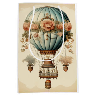 Vintage Steampunk Floral Blue Hot Air Balloon Medium Gift Bag