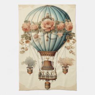 Vintage Steampunk Floral Blue Hot Air Balloon  Tea Towel