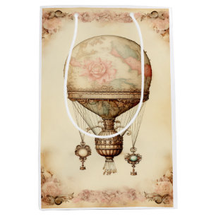 Vintage Steampunk Floral Hot Air Balloon Medium Gift Bag
