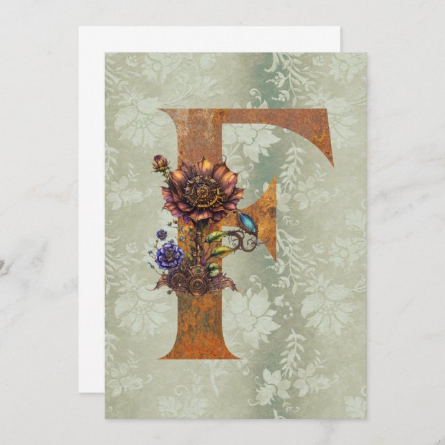 Vintage Steampunk Floral Letter F Note Cards (Front/Back)