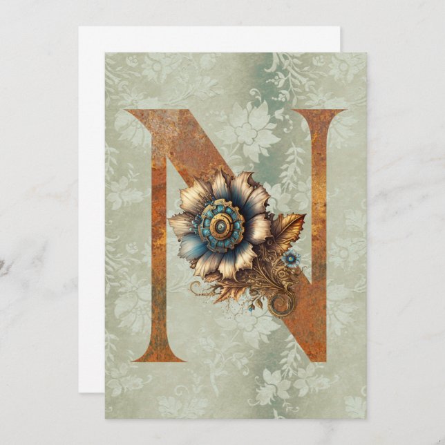Vintage Steampunk Floral Letter N Note Cards (Front/Back)