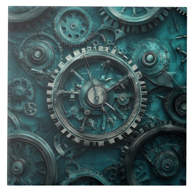 Vintage Steampunk Gears & Clockwork Ceramic Tile (Front)