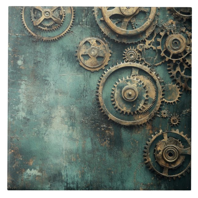Vintage Steampunk Gears & Clockwork Ceramic Tile (Front)