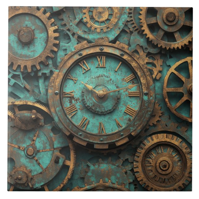 Vintage Steampunk Gears & Clockwork Ceramic Tile (Front)