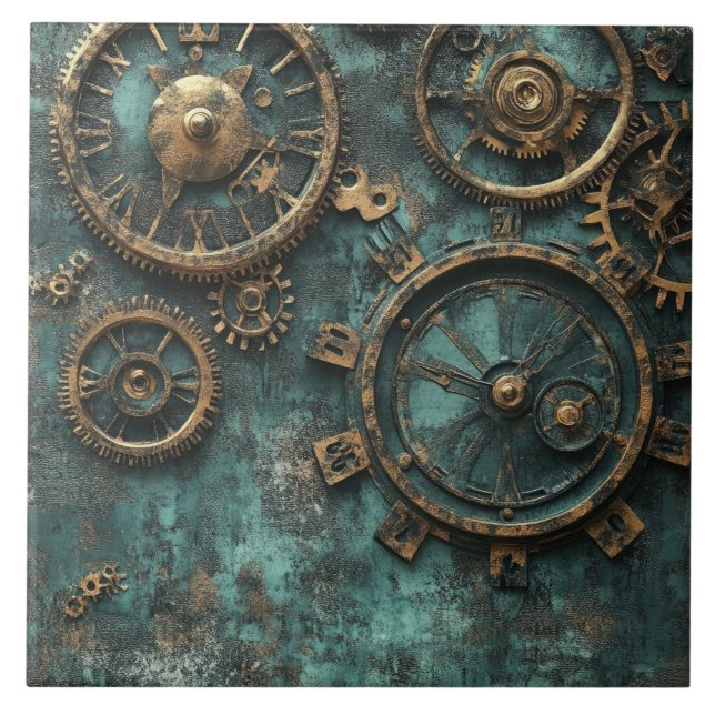 Vintage Steampunk Gears & Clockwork Ceramic Tile (Front)