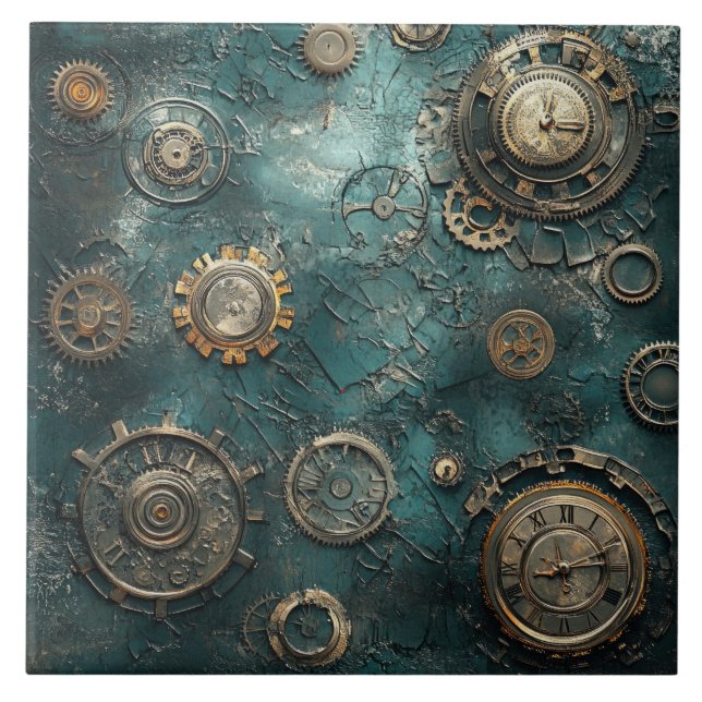 Vintage Steampunk Gears & Clockwork Ceramic Tile (Front)
