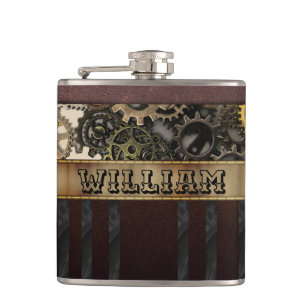 Vintage Steampunk Gears Metal Leather Hip Flask