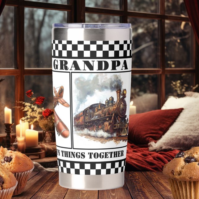 Vintage Steampunk Grandpa Retirement  Insulated Tumbler (Thermal tumbler with steampunk images of a train, plane and car - retirement - birthday - Christmas)