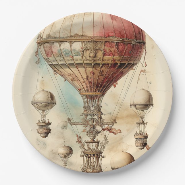 Vintage Steampunk Hot Air Balloon (4) Paper Plate (Front)