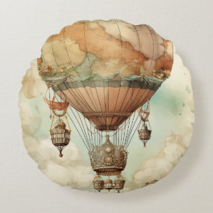 Vintage Steampunk Hot Air Balloon (5) Round Cushion