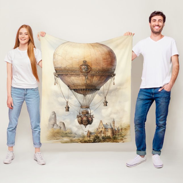 Vintage Steampunk Hot Air Balloon Fleece Blanket (In Situ)