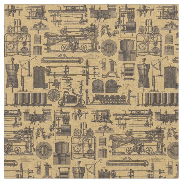 Vintage Steampunk Machinery Pattern Fabric (Close Up)