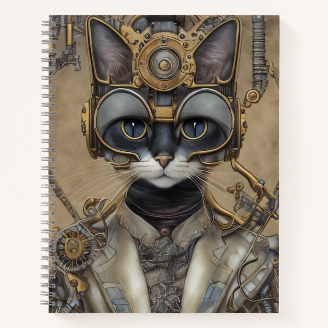 Vintage Steampunk Mechanical Cat Notebook (Front)
