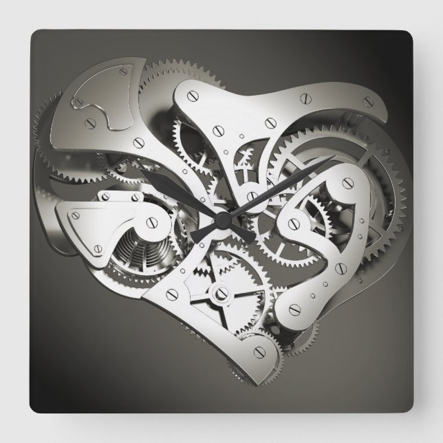 Vintage Steampunk Mechanical Heart - B&W Square Wall Clock (Front)